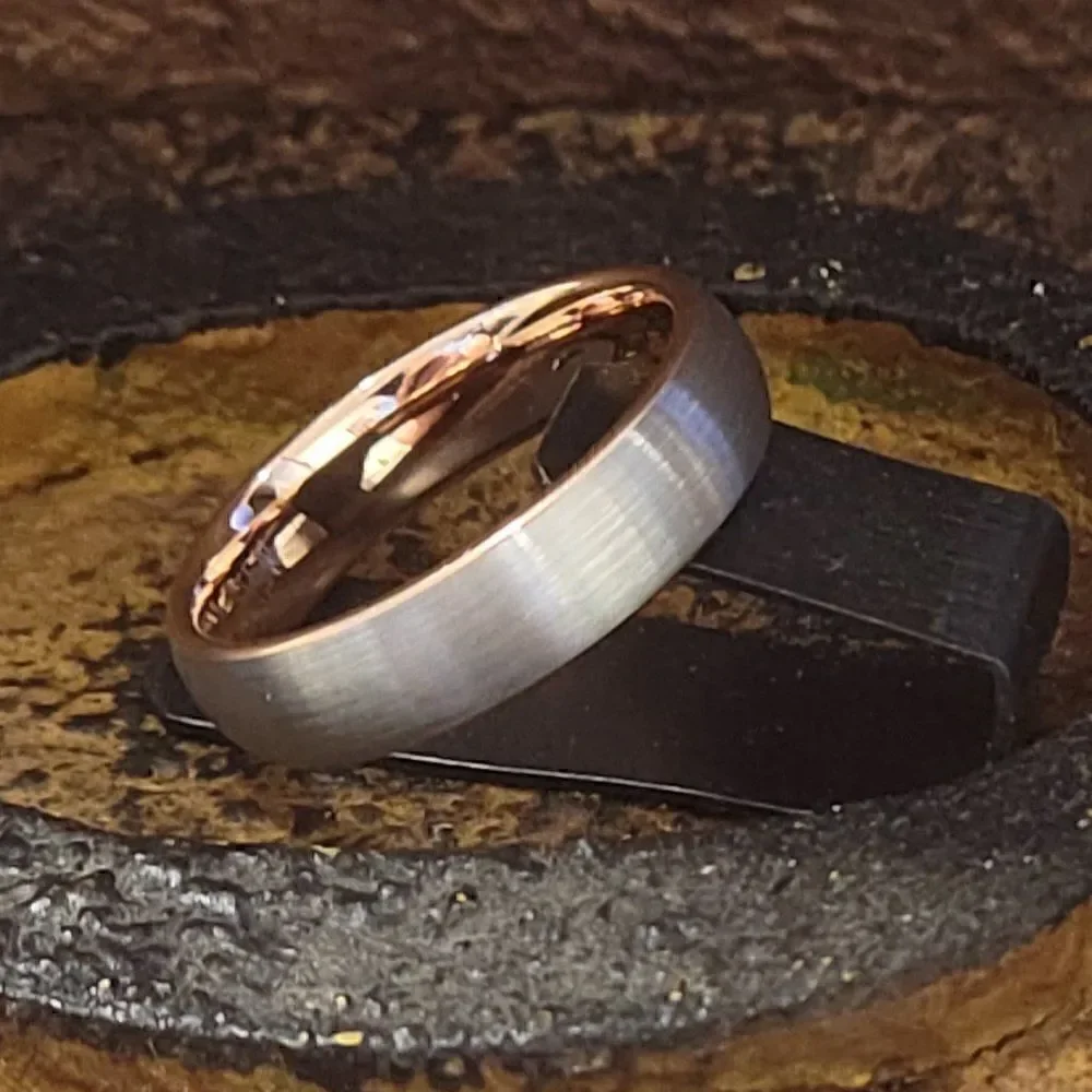 Men's Real Silver and Rose gold Tungsten Wedding Ring - Brushed Steel